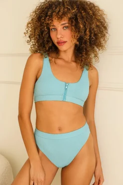 Wave Front Zipper Closure Bikini Top